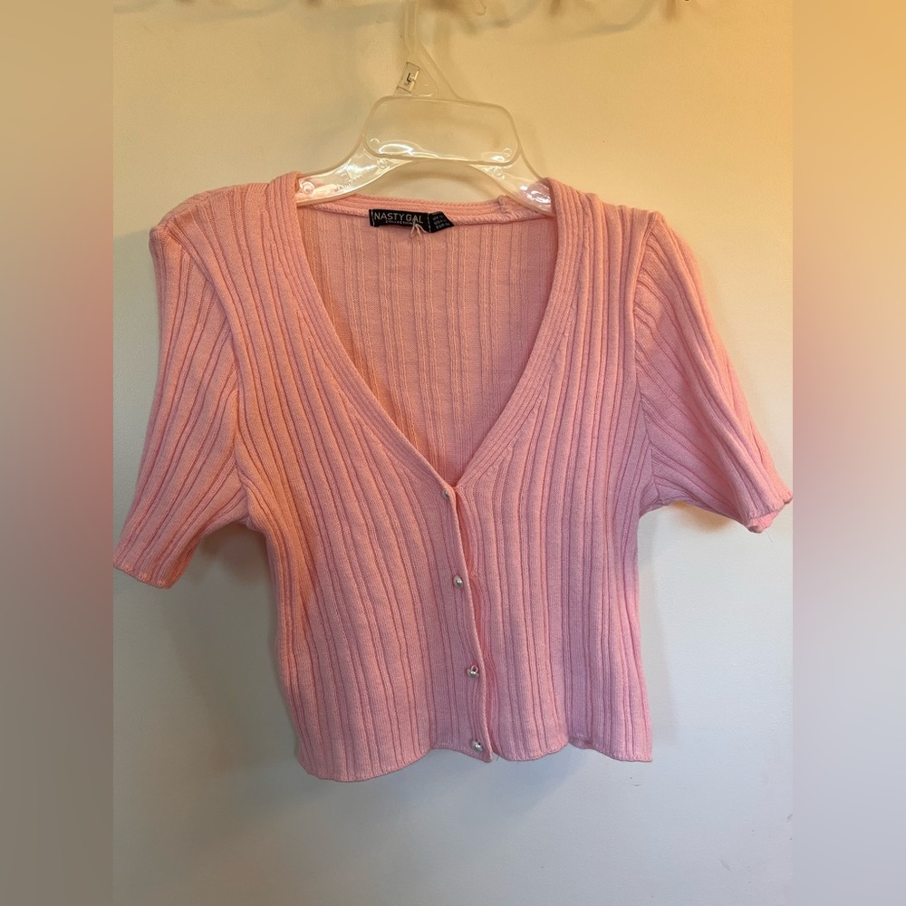 Pink Nasty Gal Mini Cardigan Size 8 Medium Coquette Pearl Buttons